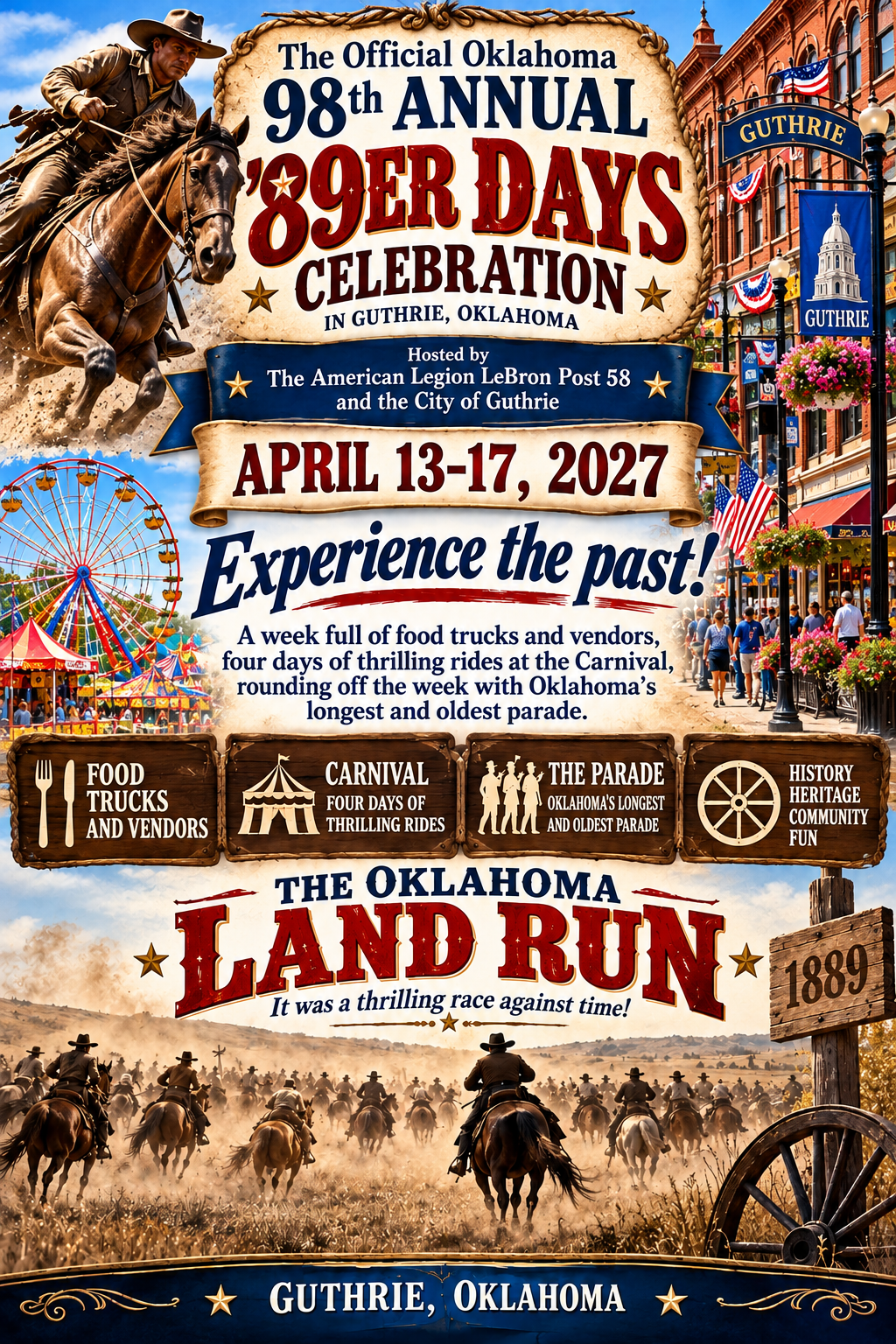 98th Annual 89er Days Celebration in Guthrie, Oklahoma, April 13 through 17, 2027 promotional graphic.